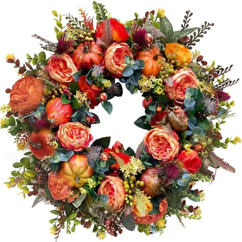 40 cm Autumn Wreath with Peony and Pumpkin – Multicoloured Rustic Artificial Decoration for Thanksgiving