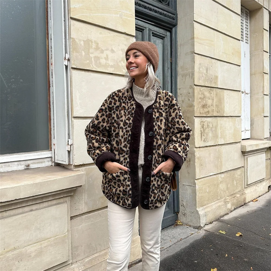 Leah | Women's Leopard Print Winter Jacket with Round Neck
