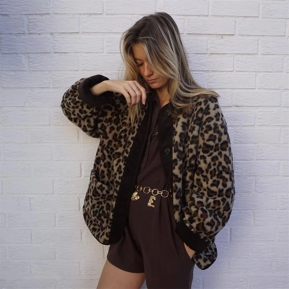 Leah | Women's O-Neck Wool Winter Jacket in Leopard Print
