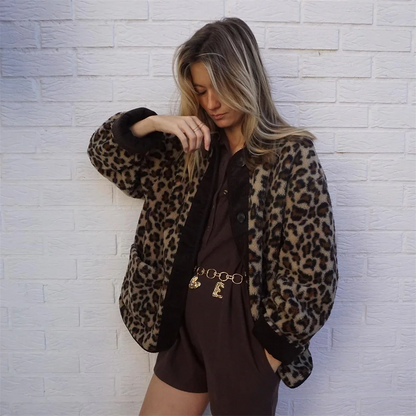 Leah | Women's O-Neck Wool Winter Jacket in Leopard Print