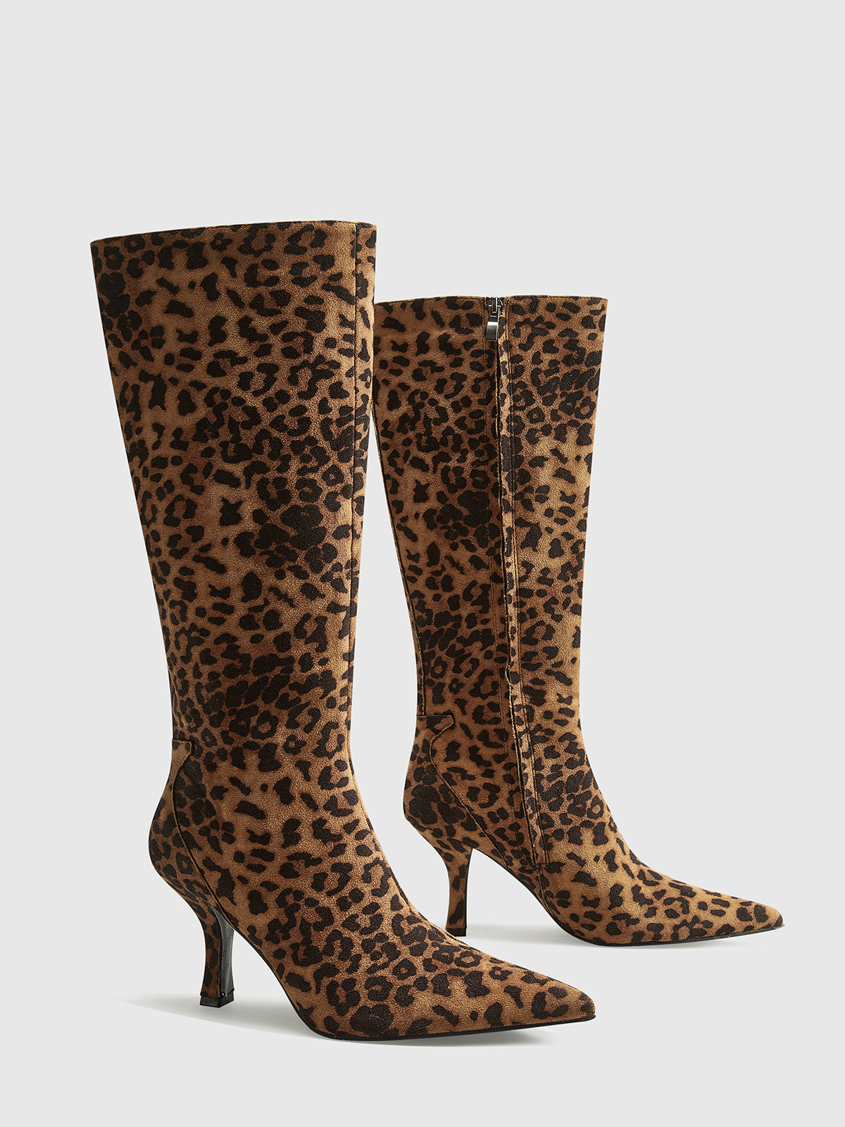 Women's Knee-High Leopard Print Boots with Pointed Toe and Mid-Heel – Chic and Comfortable