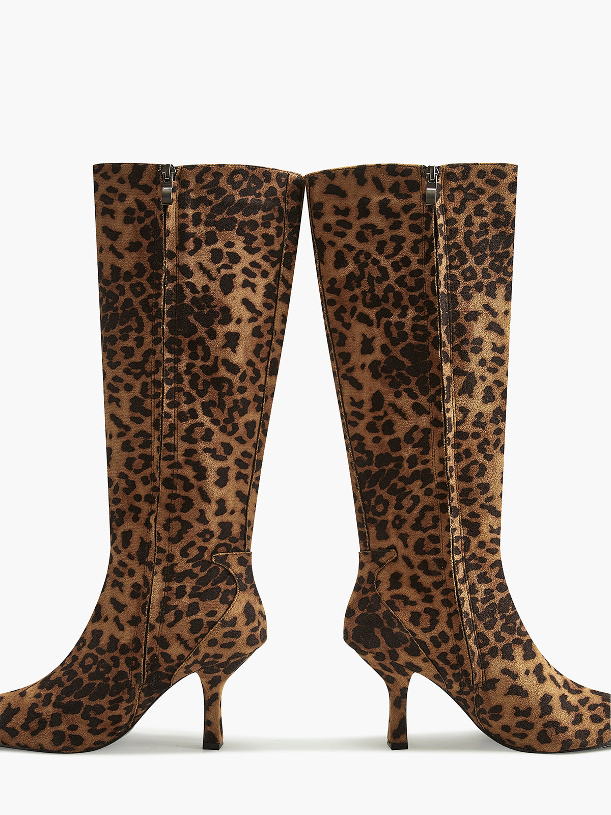 Women's Knee-High Leopard Print Boots with Pointed Toe and Mid-Heel – Chic and Comfortable
