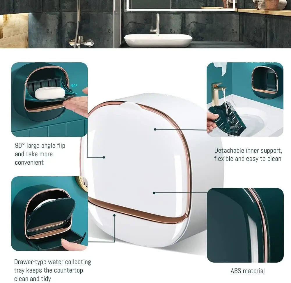 SoapShell | Contemporary Soap Dish with Lid and Drip Tray - Elegant Bathroom Soap Holder