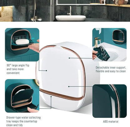 SoapShell | Contemporary Soap Dish with Lid and Drip Tray - Elegant Bathroom Soap Holder