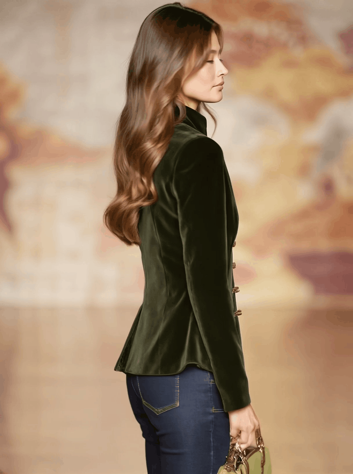 Chic Dark Green Velvet Retro Jacket with Elegant Gold Buttons