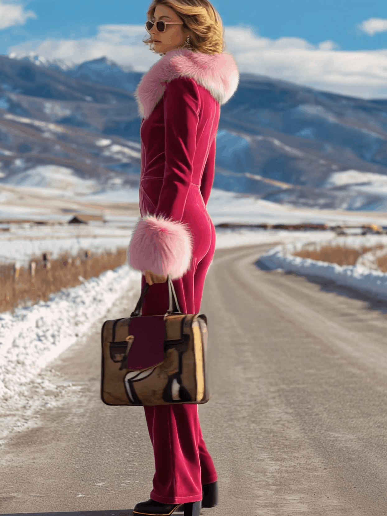 Chic Pink Velvet Jumpsuit with Long Sleeves, Flared Legs, and Trendy Retro Faux Fur Collar