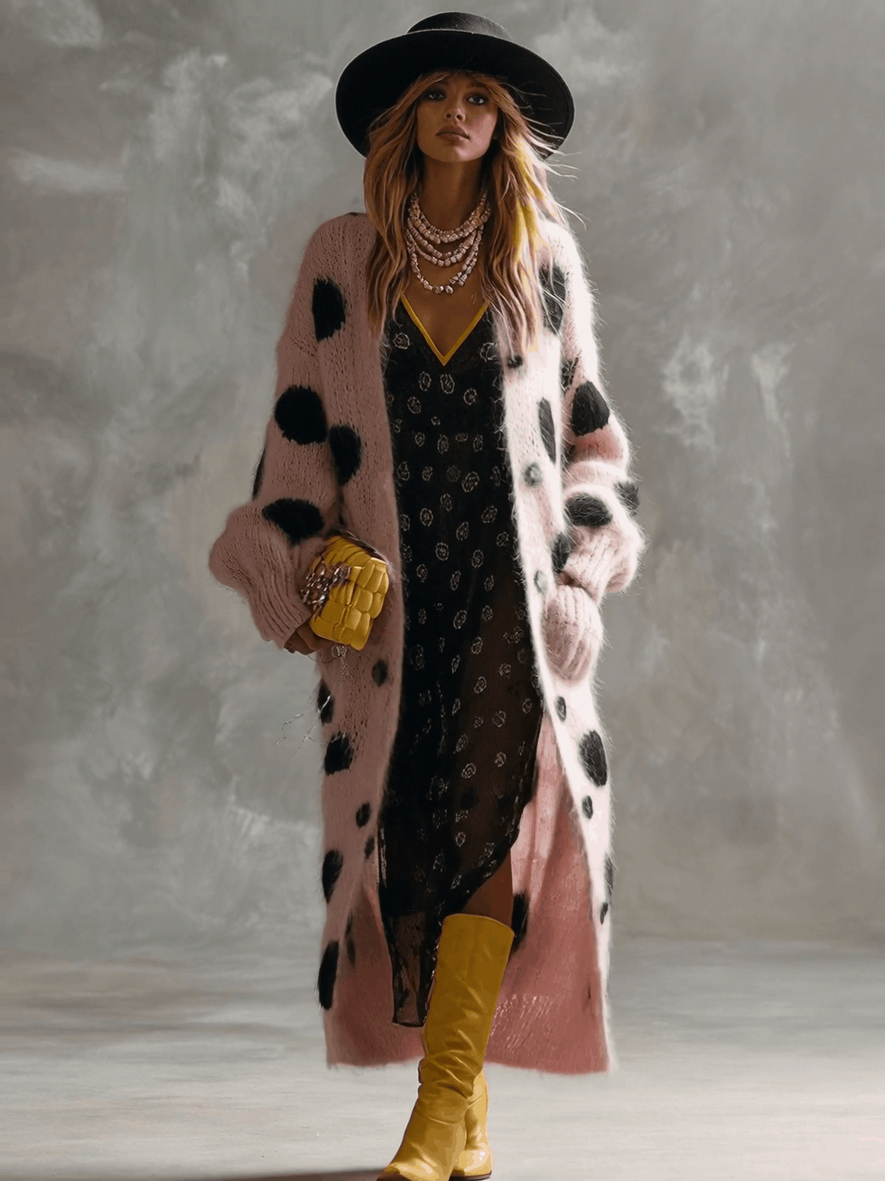 Pink Faux Rabbit Wool Long Sleeve Cardigan with Retro Polka Dot Design