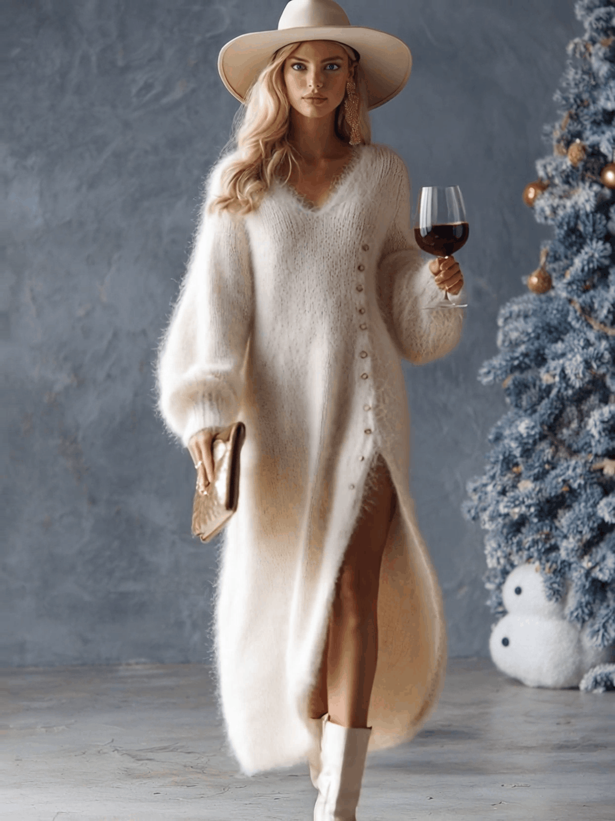 Chic White Faux Rabbit Fur Midi Dress with V-Neck and Metallic Button Details