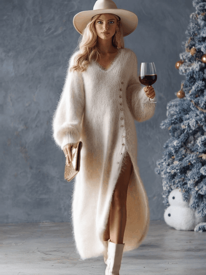 Chic White Faux Rabbit Fur Midi Dress with V-Neck and Metallic Button Details