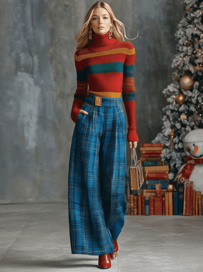 Versatile Wide-Leg Blue Check Trousers in Retro Style