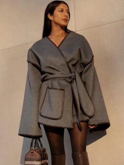 Women's Oversized Grey Autumn Coat with Belt