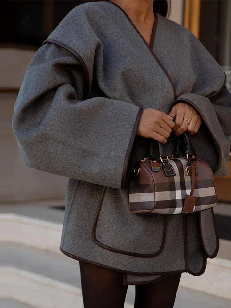 Women's Oversized Grey Autumn Coat with Belt