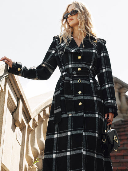 Mazie | Plaid Wool Blend Trench Coat with Belt