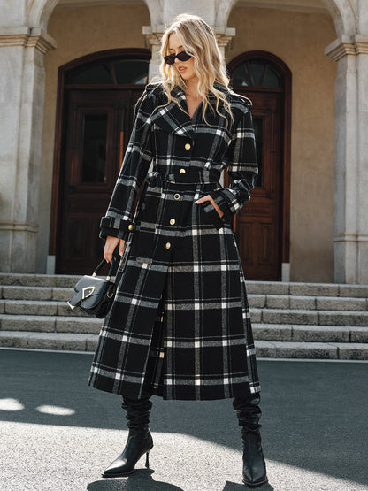 Mazie | Plaid Wool Blend Trench Coat with Belt