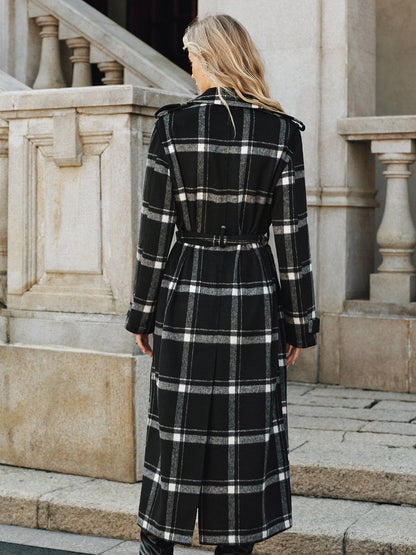 Mazie | Plaid Wool Blend Trench Coat with Belt