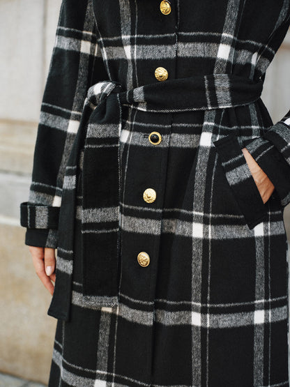 Mazie | Plaid Wool Blend Trench Coat with Belt