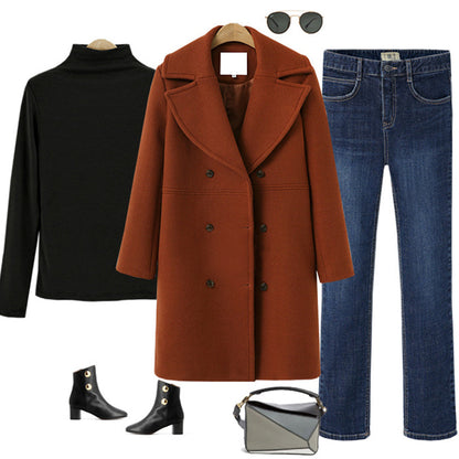 Women's Double-Breasted Long Wool Coat – Ideal for Fall