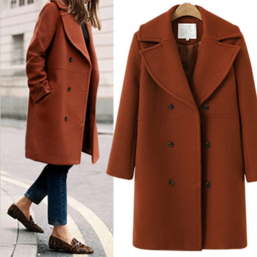 Women's Double-Breasted Long Wool Coat – Ideal for Fall