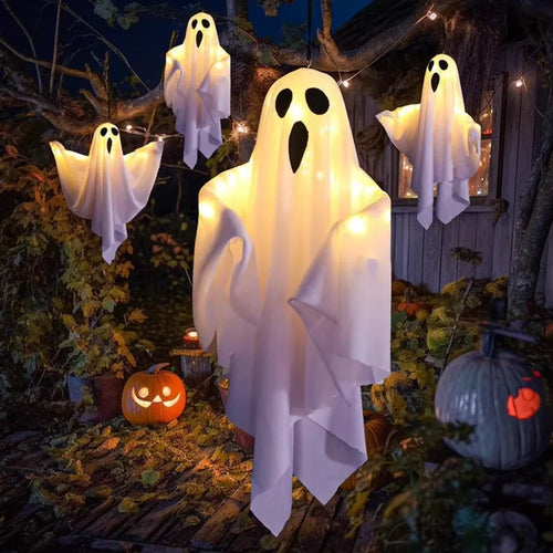 Illuminated White LED Ghosts for Halloween Home and Garden Decor