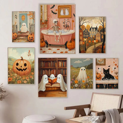 Halloween Wall Art Set featuring Pumpkins, Ghosts, and Cats — Autumn Home Decor