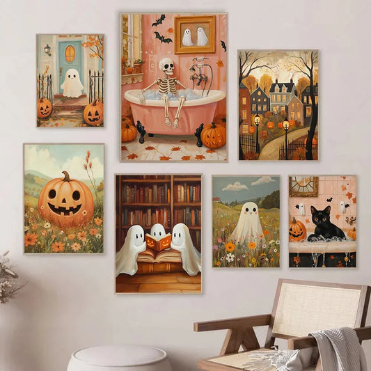 Halloween Wall Art Set featuring Pumpkins, Ghosts, and Cats — Autumn Home Decor