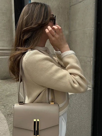 Timeless Women's Cropped Tailored Jacket - Long Sleeve with Textured Fabric