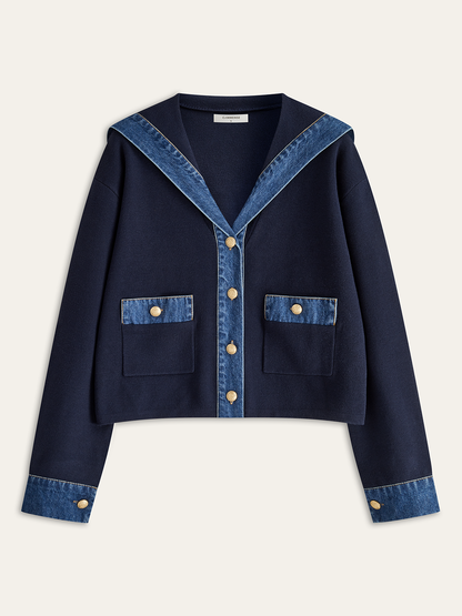 Racy | Knit Outerwear with Sailor Collar and Denim Trim