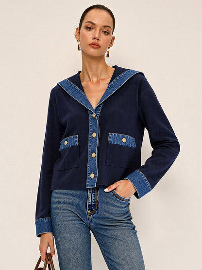 Racy | Knit Outerwear with Sailor Collar and Denim Trim