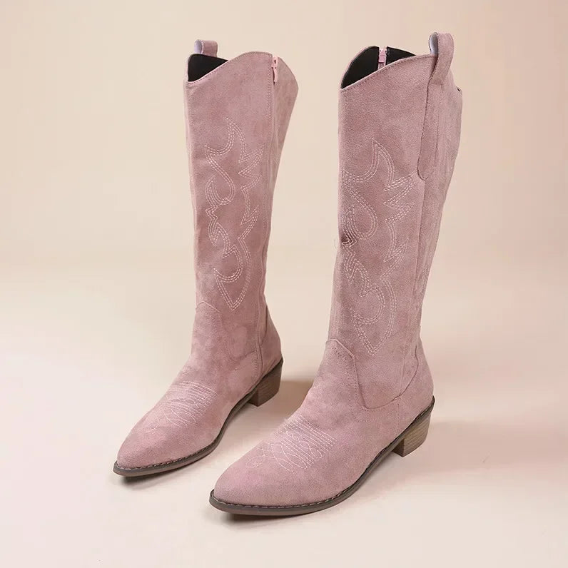 Chic Women's Suede Cowboy Boots with Embroidery and Block Heel for Effortless Boho Looks