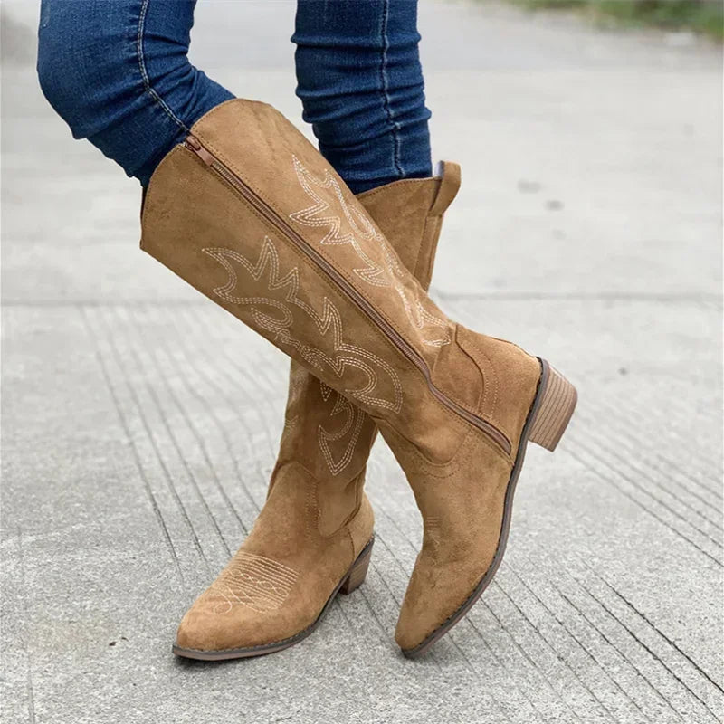 Chic Women's Suede Cowboy Boots with Embroidery and Block Heel for Effortless Boho Looks