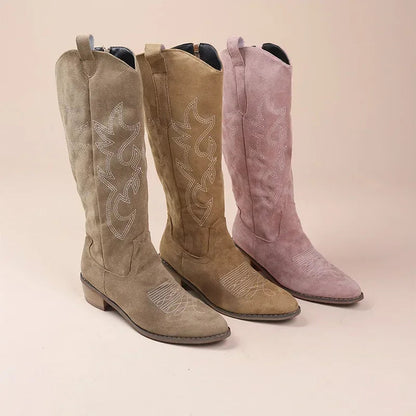 Chic Women's Suede Cowboy Boots with Embroidery and Block Heel for Effortless Boho Looks