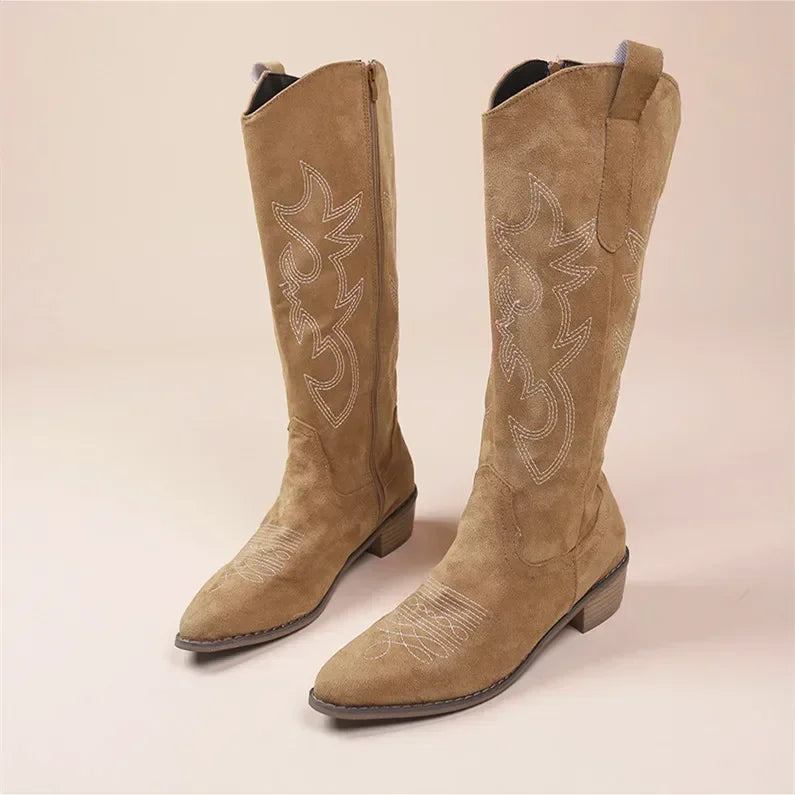 Chic Women's Suede Cowboy Boots with Embroidery and Block Heel for Effortless Boho Looks