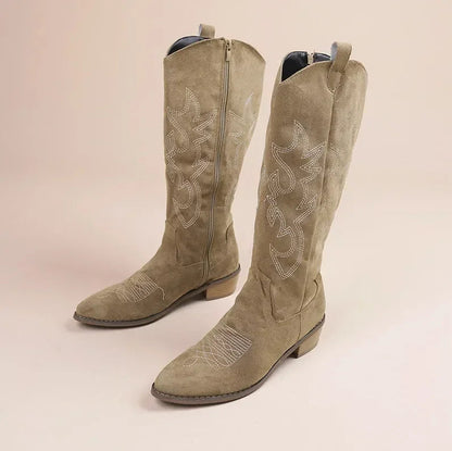 Chic Women's Suede Cowboy Boots with Embroidery and Block Heel for Effortless Boho Looks