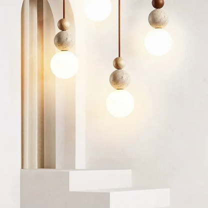 Contemporary Travertine and Mahogany Pendant Light - NaturaLuxe Collection