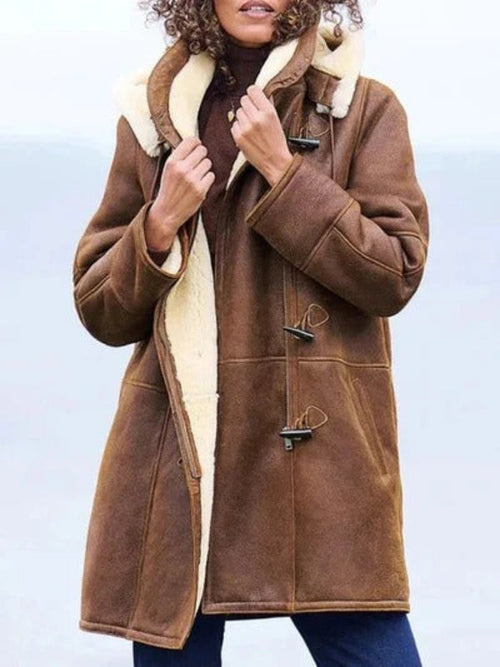 Women's Relaxed Fit Hooded Long Jacket with Cozy Shearling Lining – Perfect Winter Coat for Casual Outings