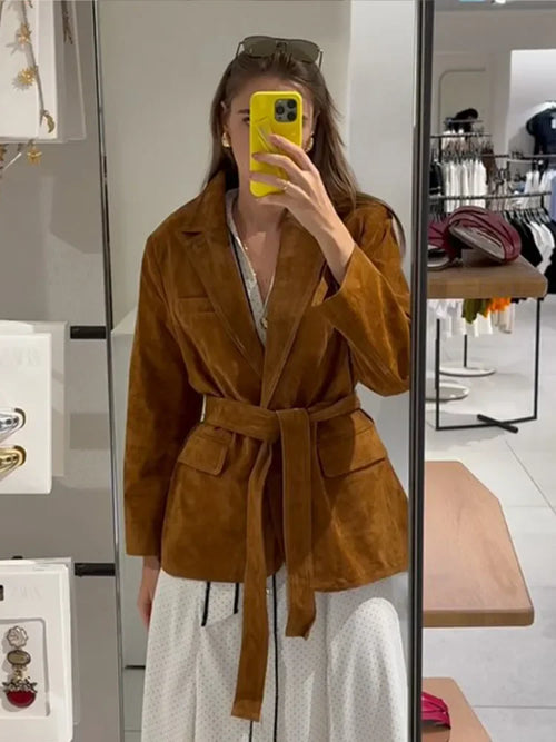 Autumn Women's Long Sleeve Suede Jacket with Belt and Pockets