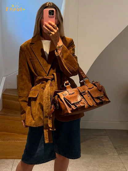 Autumn Women's Long Sleeve Suede Jacket with Belt and Pockets