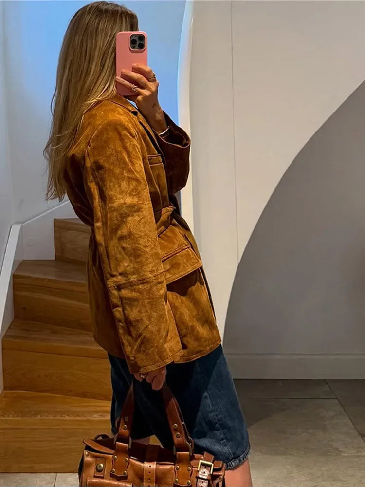 Autumn Women's Long Sleeve Suede Jacket with Belt and Pockets