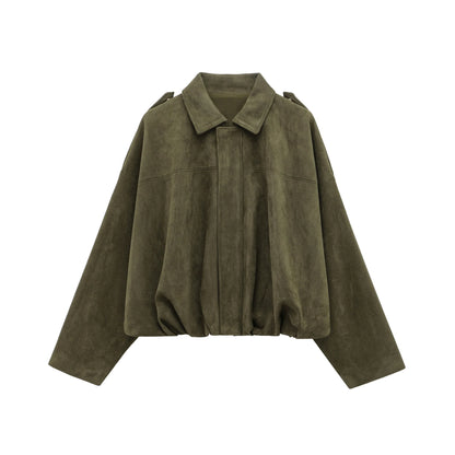 Vintage-Inspired Women's Brown and Green Suede Bomber Jacket – Casual Motorcycle Style with Zip Closure