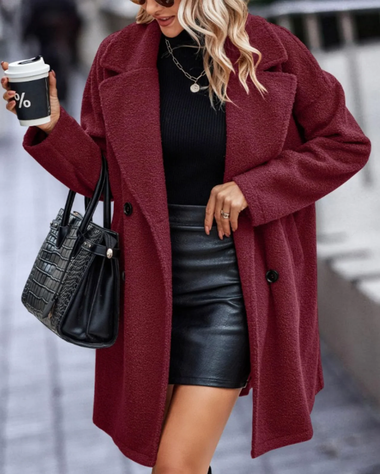 Women's Knee-Length Loose Fit Double-Breasted Wool Coat for Winter
