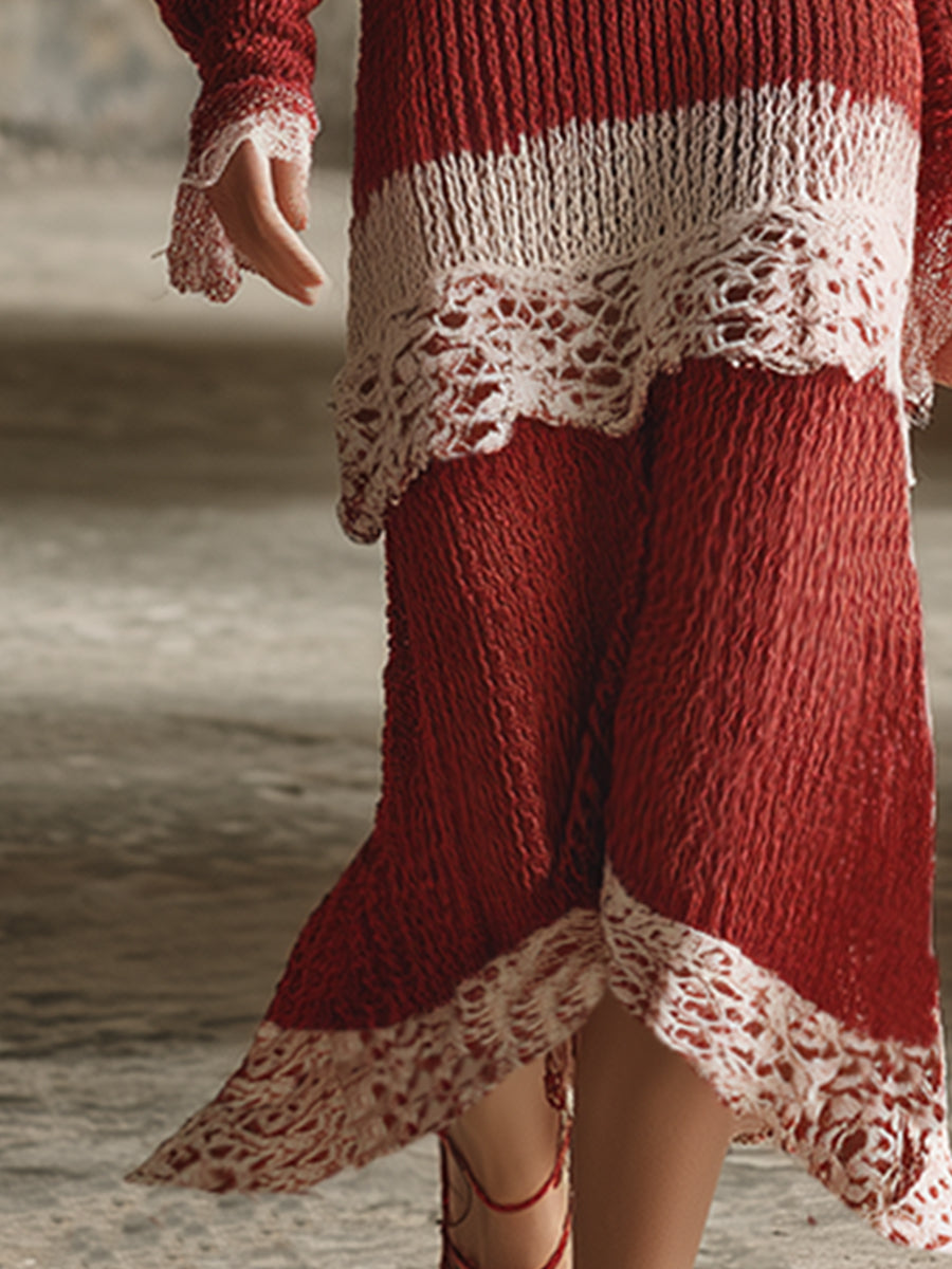 Retro-Inspired Classic Red Maxi Dress with Elegant Lace Accents