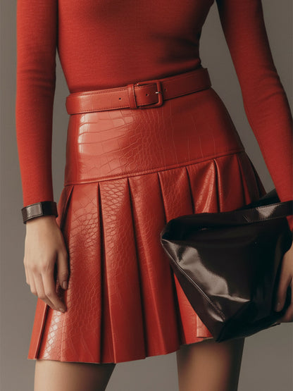 Chic Red Faux Leather Mini Dress with Woven Cut-Out Neckline