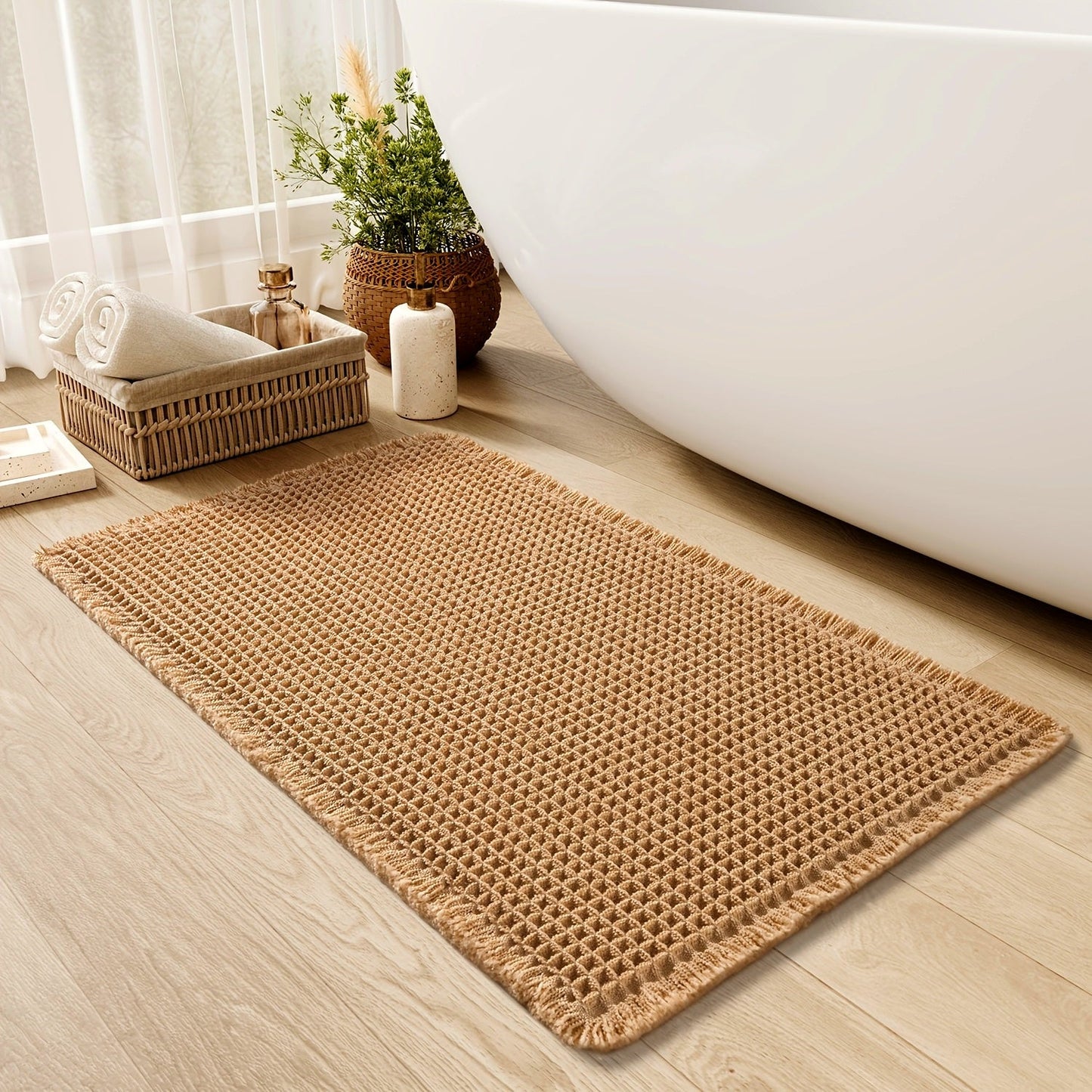 AbsorbEase | Ultra-Absorbent Waffle Bath Mat with Tassels - Non-Slip Design