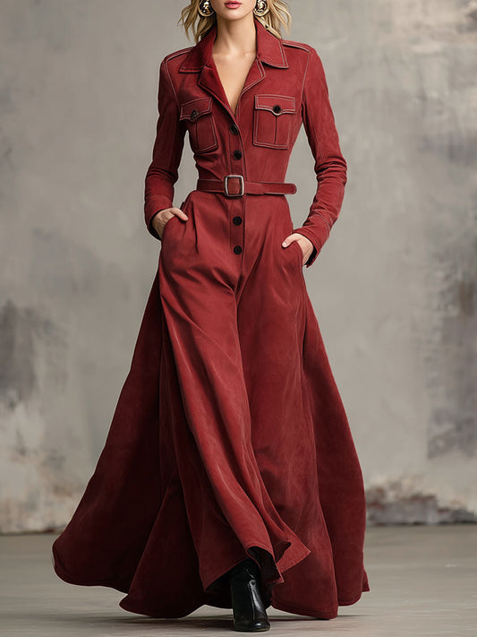 Faux Suede Maxi Dress with Western Collar, Multiple Pockets, and Single-Breasted Closure