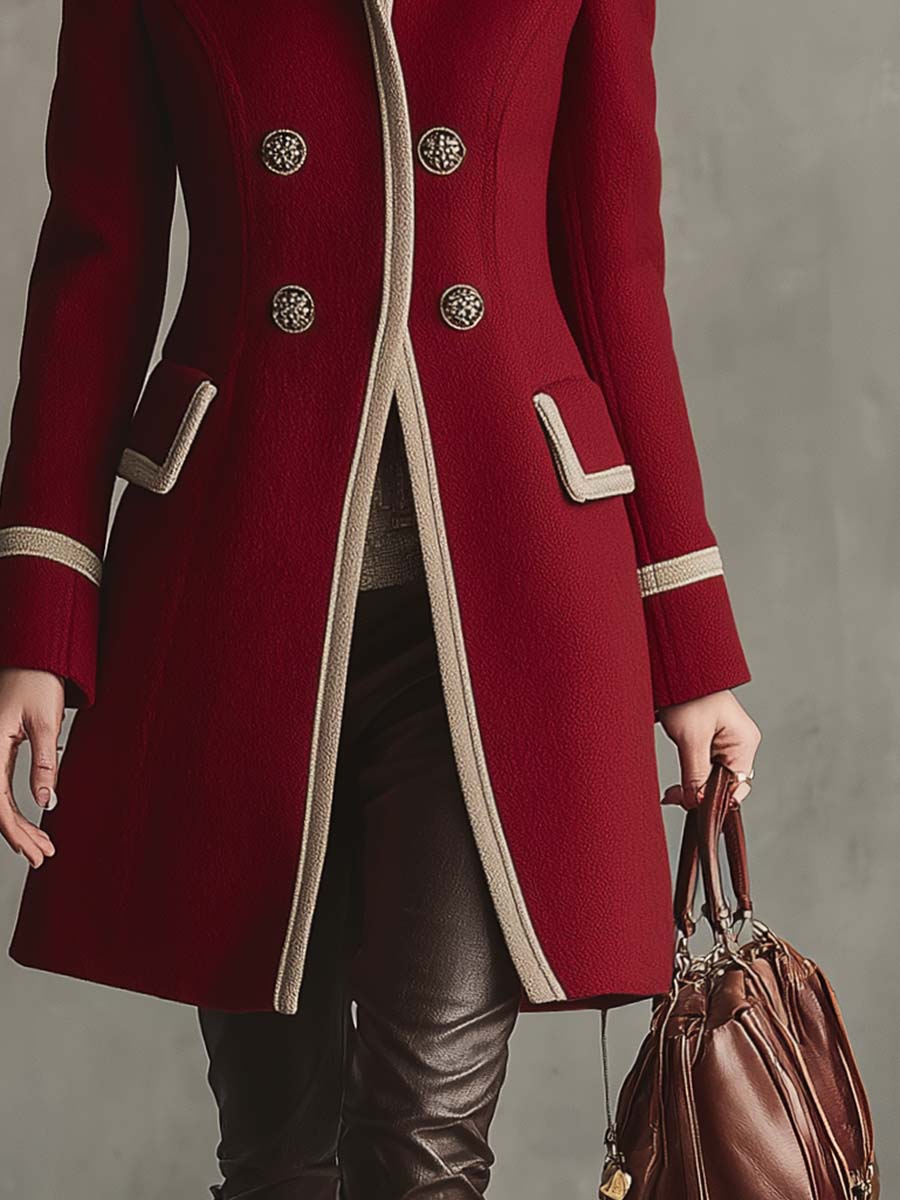 Chic Retro Red Wool Coat with Beige Accents and Button Closure