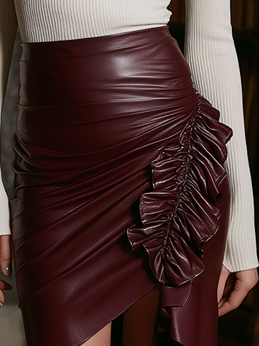 Chic Asymmetrical Retro Ruffle Burgundy PU Skirt