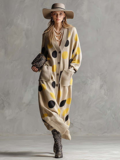 Retro V-Neck Polka Dot Dress in Yellow and Black with Beige Cardigan