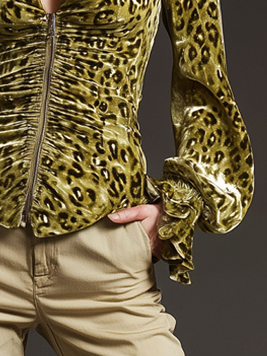 Moss Green Leopard Print Velvet Pleated Long-Sleeve Shirt - Retro Casual Chic