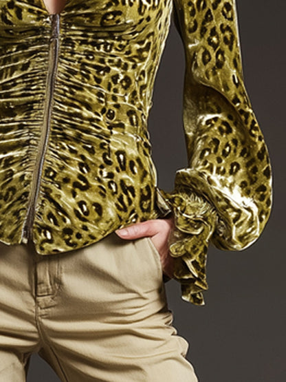 Moss Green Leopard Print Velvet Pleated Long-Sleeve Shirt - Retro Casual Chic