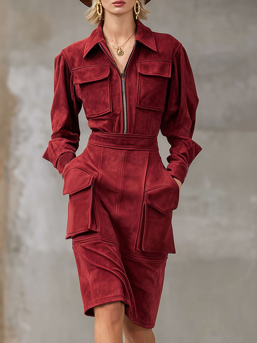 Faux Suede Midi Work Dress with Zipper, Flaps, and Multiple Pockets